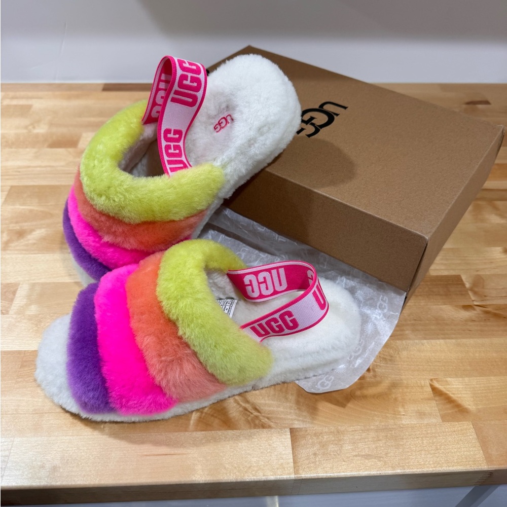 UGG Multicolor Fluffy Slippers with Pink Strap